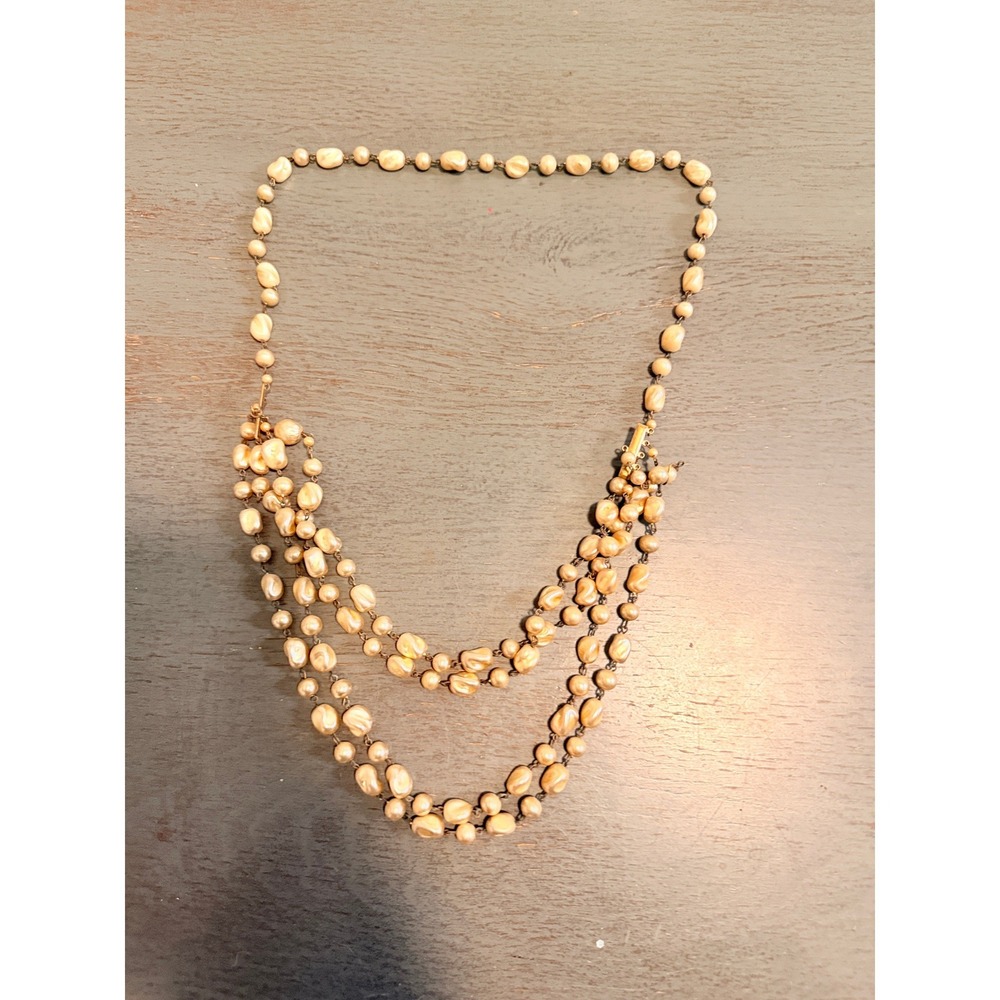 Vintage Multi Strand Faux Pearl Necklace Cream Baroque Triple Layer Clasp 16in